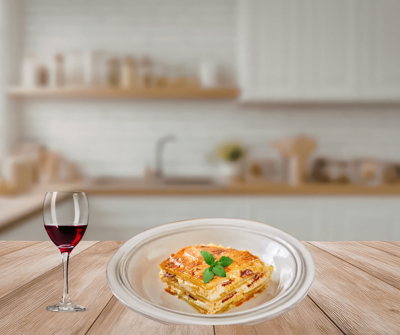 Hungarian rakott krumpli served on a rustic wooden table with a cozy kitchen in the background.