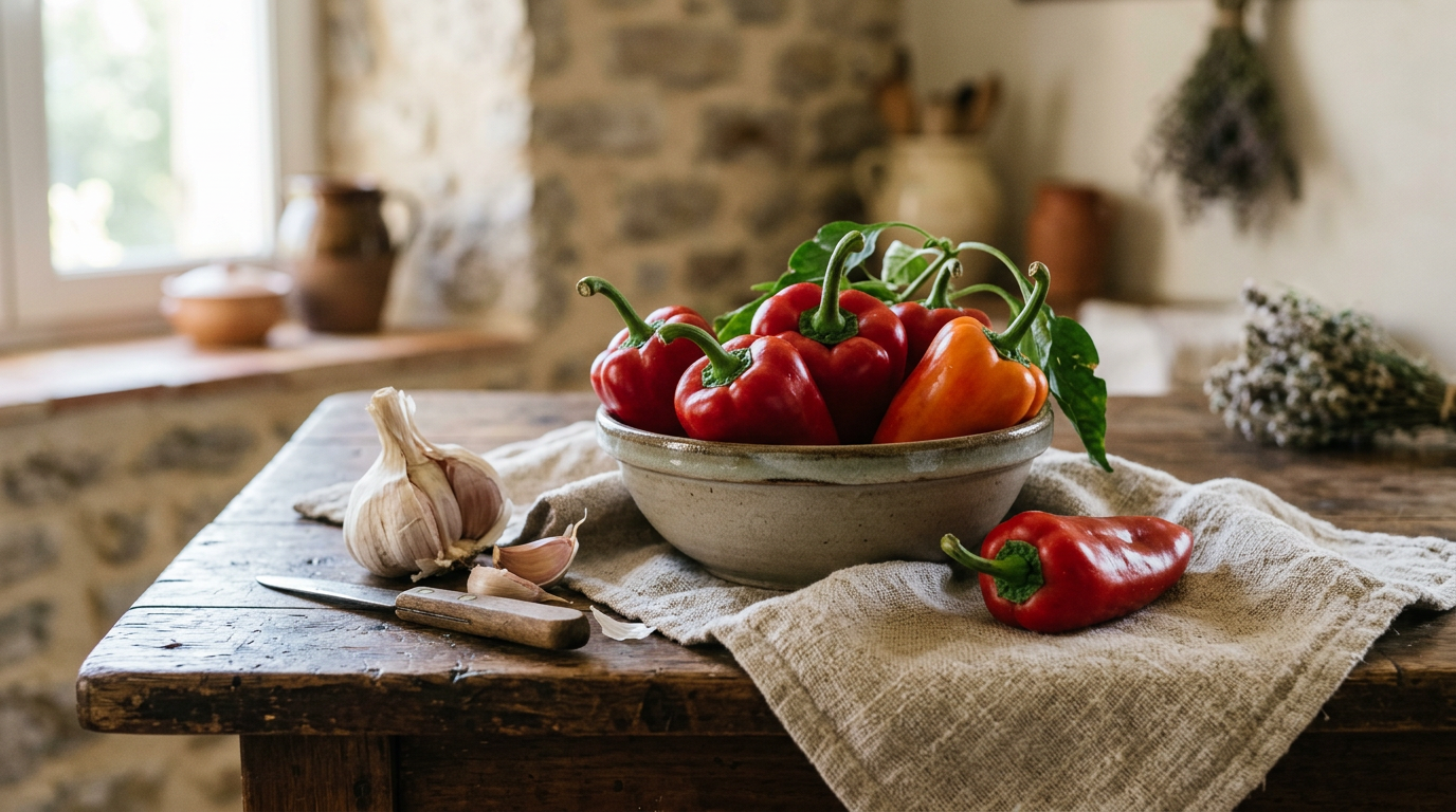 Bowl with red and orange bell peppers on a wooden table next to garlic and knife