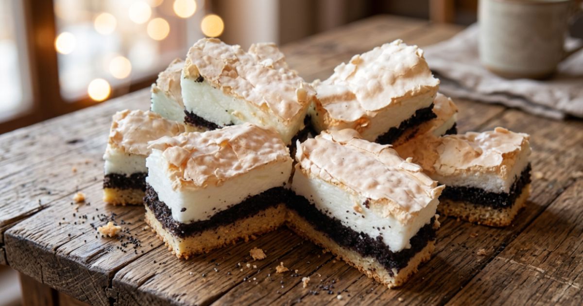 Fluffy Hungarian poppy seed bars with a soft crust, rich poppy seed filling, and a light meringue topping, stacked on a rustic wooden table with warm, cozy lighting.