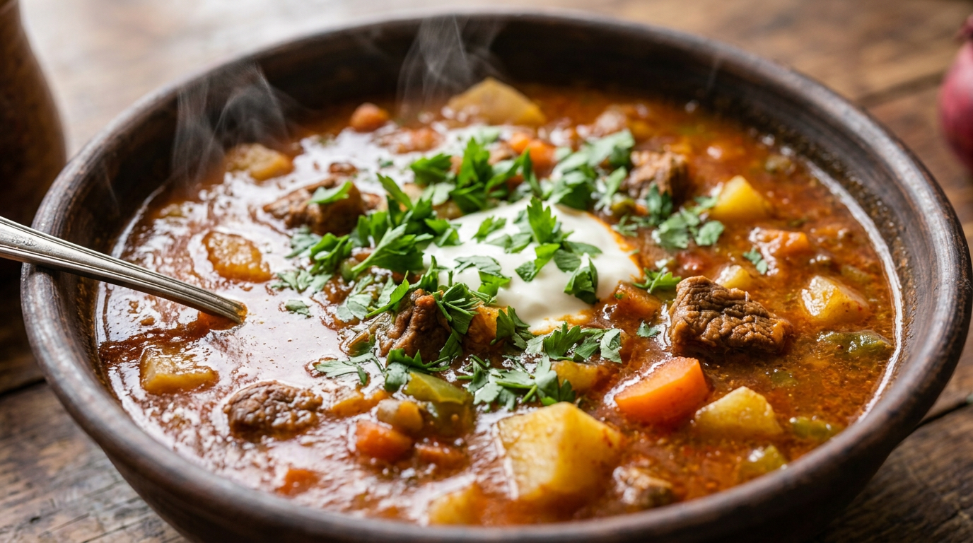 Steaming bowl of stew with herbs, vegetables, paprika, and onions
